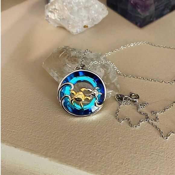 Turtle Under The Sea Crystal Sterling Silver Necklace - Picture 2 of 5